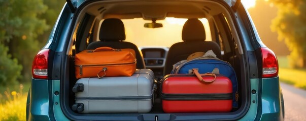 Family Road Trip Minivan Packed for Adventure, Gleaming in Sunlight, Ready for Journey Together