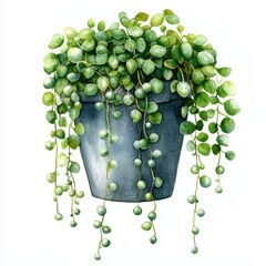 String of Pearls Plant Watercolor in a Pot against White Background