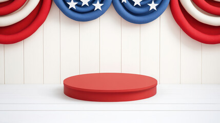 4th of July patriotic podium with American bunting Empty red podium with USA red, white, and blue bunting and white stars, perfect for 4th of July or American celebration themes