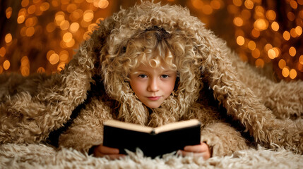 Cozy photo of a child 7-8 years old with a flashlight under a blanket, fully engrossed in reading a book.
