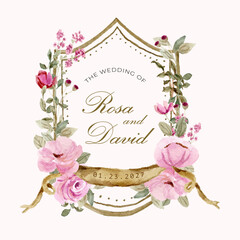 beautiful vintage pink floral garden watercolor wedding crest