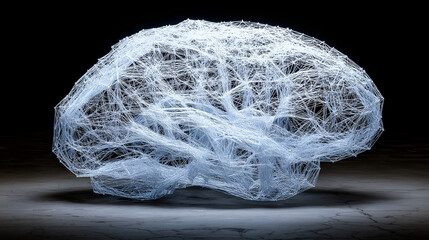 Conceptual photo of a human brain formed by glowing, intricate neural pathways made of light, symbolizing AI and complex thought.
