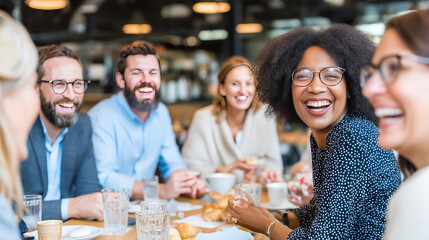 Candid shot of a diverse group of friends (20s-30s) sharing a laugh over coffee and pastries at a stylish cafe.