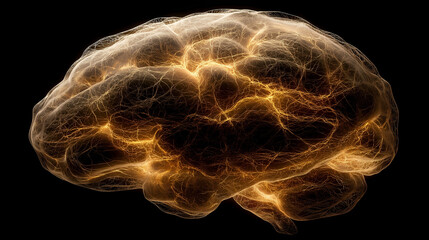 Conceptual photo of a human brain formed by glowing, intricate neural pathways made of light, symbolizing AI and complex thought.