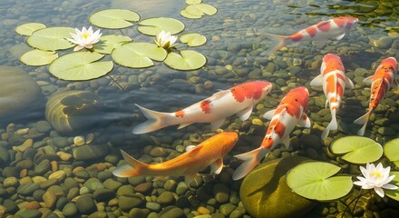 Koi Fish Swimming in Pond with Water Lilies and Lily Pads &ndash; Orange, White, and Red Carp in Clear Water Over Stones and Blooming Aquatic Plants in Serene Garden Setting