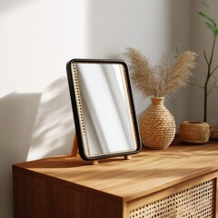 Modern vanity mirror on a wooden dresser