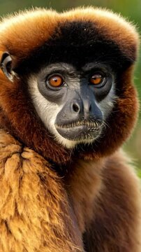 Close up portrait of a furry lar gibbon with bright orange eyes staring forward surrounded by green foliage in natural light outdoors