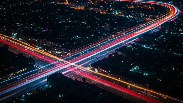 Dynamic cityscape at night: Captivating time-lapse of illuminated urban road traffic flow