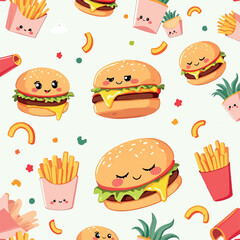 Vsai kawaii cheeseburgers and french fries creating a cheerful seamless pattern