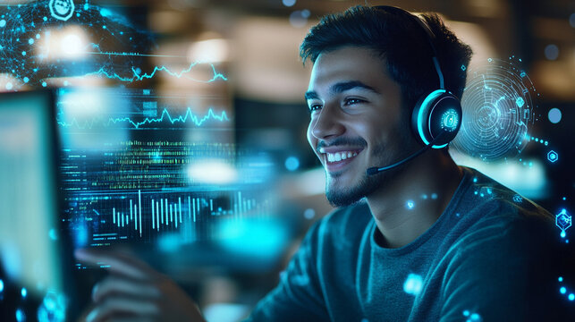 Futuristic hologram of a man talking with headset at a contact center, Analytical network digital art, tilt shift, white black blue and green.  - Powered by Adobe