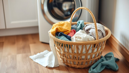 Basket with laundry on floor near  washing machine, origami. White tone