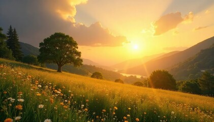 Obraz premium Serene Golden Sunset Landscape Peaceful Countryside Scene Evoking Faith, Hope, and Tranquility - Ideal for Spiritual Websites, Blogs, and Social Media