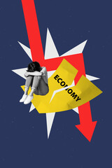Composite image trend artwork collage of depressed young lady sit down arrow broken economy...