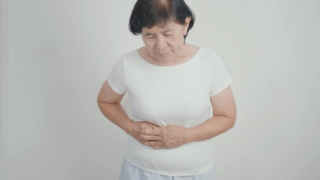 Elderly Woman having Pancreatitis for Pancreas pain and disease, Gallbladder, Bile Duct, Duodenum, Small intestine. Pancreatic cancer, Acute and Chronic pancreatitis, Digestive system and Health