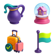3D set of travel and fantasy icons with globe, suitcase, and potion jug

