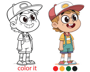 Smiling Cartoon Boy in Overalls and Cap – Friendly Young Boy Character in Bright, Whimsical Style