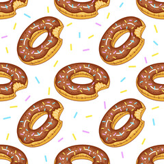 Seamless pattern of chocolate donut rings with rainbow sprinkles on transparent background.