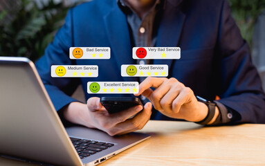 Users rating service experiences via online apps. Customer satisfaction surveys for evaluating...