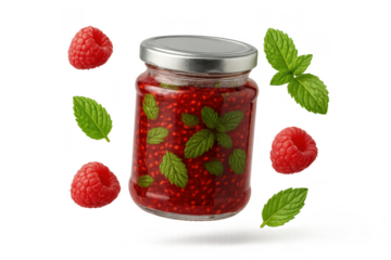 Raspberry jam, berries and mint isolated on transparent background.