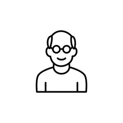 Simple line art portrait of a smiling elderly man wearing glasses.