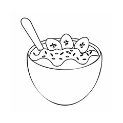 Handdrawn of a bowl of oatmeal with banana slices a spoon on vector
