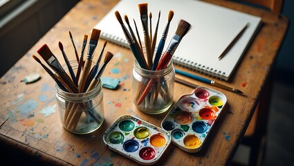 Wooden Table Watercolor Paints Brushes Sketchbook Art Supplies