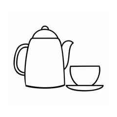 Outline of a teapot with a lid a teacup on a saucer against beverage