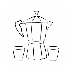Handdrawn of a coffee maker with two small glasses on a espresso moka