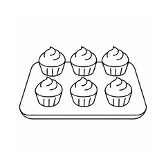 Six Cupcakes with Swirled Frosting in a Baking Pan Handdrawn Outline tray