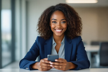 A smiling young woman with curly hair looks at her phone while wearing a navy blue blazer, seated in a modern office setting.