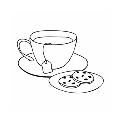 Handdrawn of a teacup with saucer tea bag next to a plate of two cookies vector