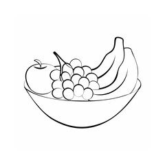 Handdrawn fruit bowl featuring apple grapes bananas in a simple outline vector