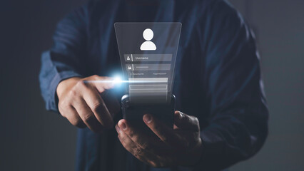 Man using smartphone with digital login interface, representing user authentication, mobile access,...