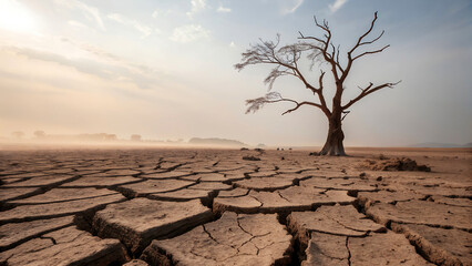 Symbolic landscape of climate change — lonely dead tree on cracked dry earth in arid desert environment. Ideal for thematic posters, exhibitions and campaigns for environmental protection