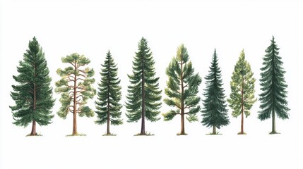 Watercolor illustration of various coniferous trees isolated on white background.