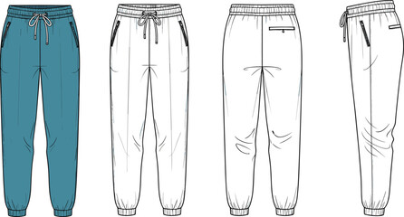 Men's jogger pants technical flat sketch, vector fashion design template, front back side views, CAD drawing for apparel production © Shafik Creatives