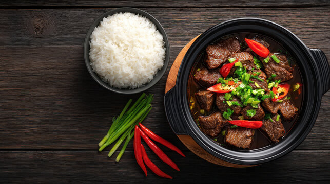 Vietnamese braised pork belly with fish sauce in clay pot presented beautifully with rice, green onions, and red chili peppers on dark wooden background.