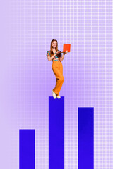 Vertical banner 3d art pop image collage of happy businesswoman businessman climb stand chart...