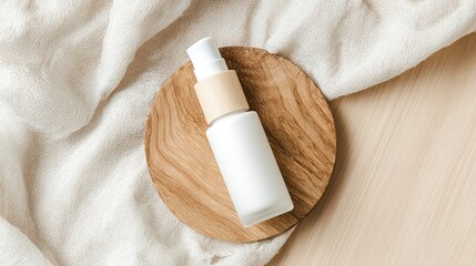 White face essence bottle on light wood background, minimalist style, attention to texture and detail, blurred beige wood surface, text or advertising space.
