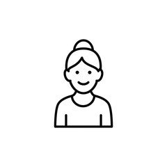 A simple line art icon depicting a smiling woman with a bun.  Clean and minimal design.