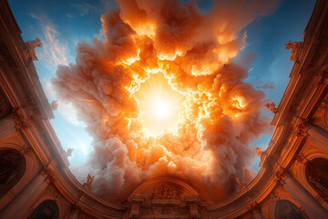 Dramatic scene of Baroque church ceiling with vibrant explosion of clouds and sunlight, creating surreal and awe inspiring atmosphere. ornate architecture contrasts with dynamic sky