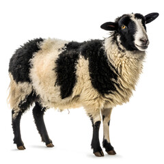 Obraz premium Full-body patchy black and white Eid sheep with woolly texture and festive collar, shown in side profile with a clean and celebratory design.