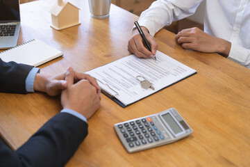 Asian tenant, client man sign signature contract rental purchase, buyer home or apartment with...