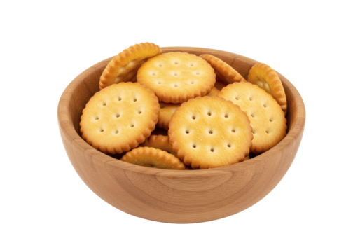 Wooden Bowl Crackers Round Snack Food Golden Baked Crispy Kitchen Salty Appetizer