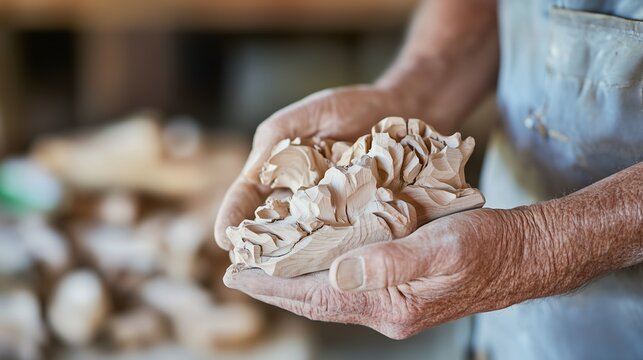 Skilled artisan carves intricate wooden design in workshop during daylight hours