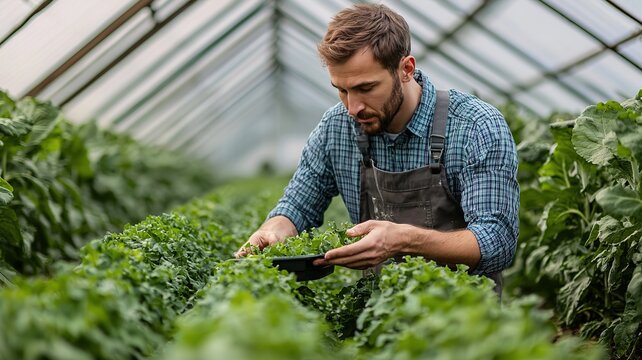 Farmer inspecting crop growth in smart greenhouse with modern agricultural equipment, showcasing focused work state. Ideal for agricultural technology, smart farming promotional materials, technical m - Powered by Adobe