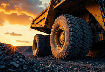Heavy-duty dump truck with large tires operating at sunset in an open-pit mine