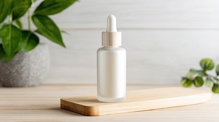 White face essence bottle on light wood background, minimalist style, attention to texture and detail, blurred beige wood surface, text or advertising space.