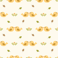 Bird couple cartoon so cute. On leaf flower background. Pattern seamless vector illustration. 