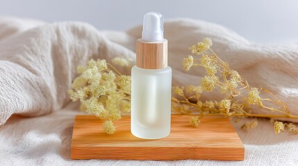 White face essence bottle on light wood background, minimalist style, attention to texture and detail, blurred beige wood surface, text or advertising space.